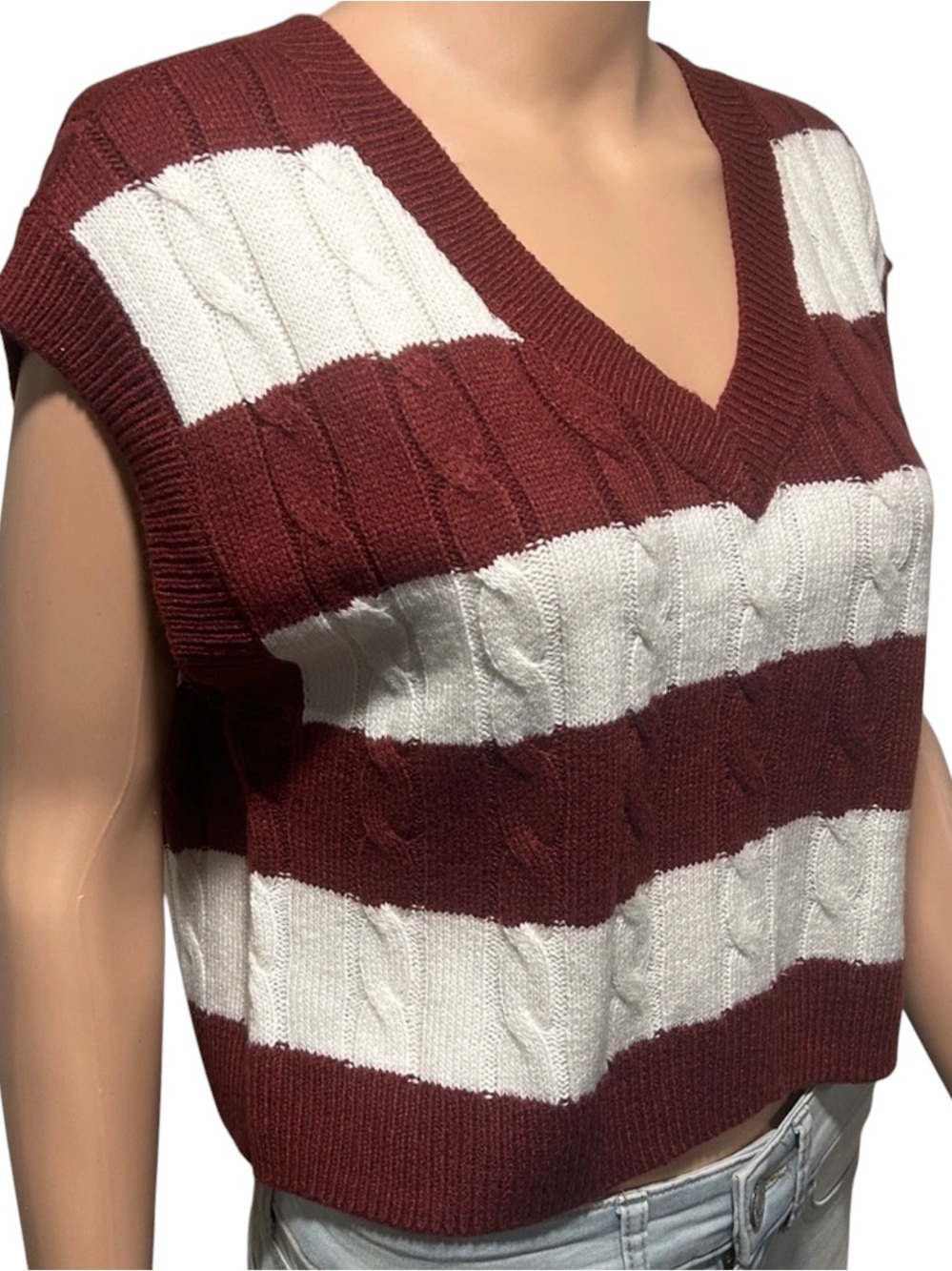 SO Burgundy and White Striped V-Neck Sweater